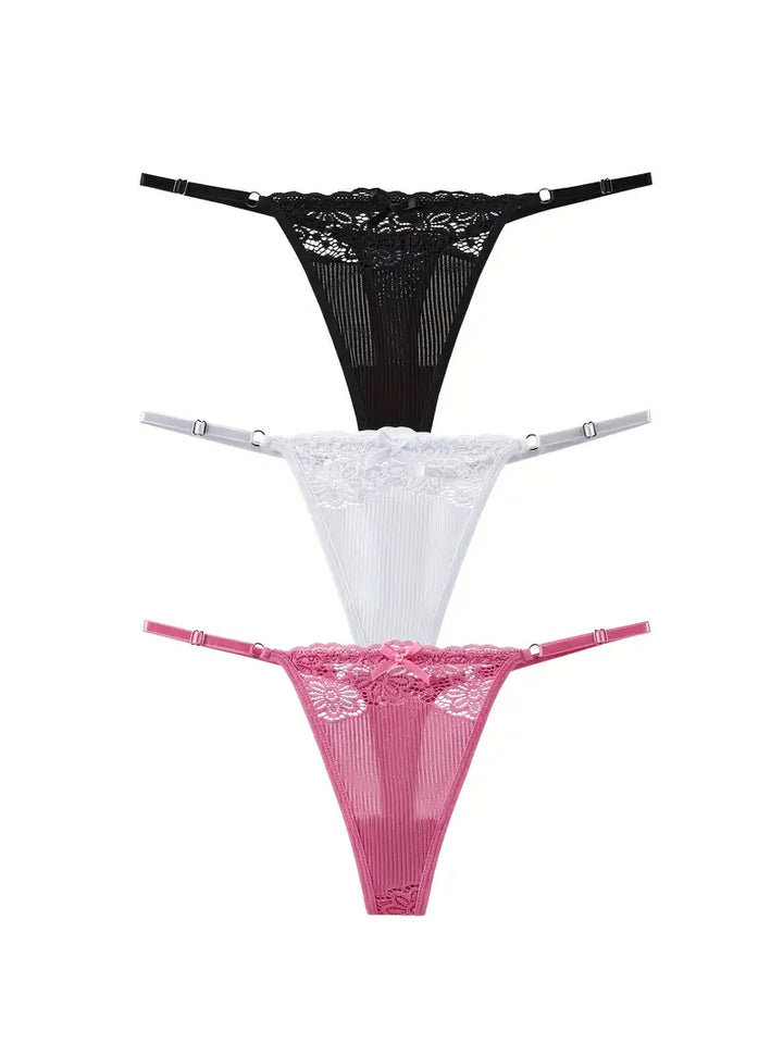 3-Piece Floral Lace Stitched Thong Panties Set